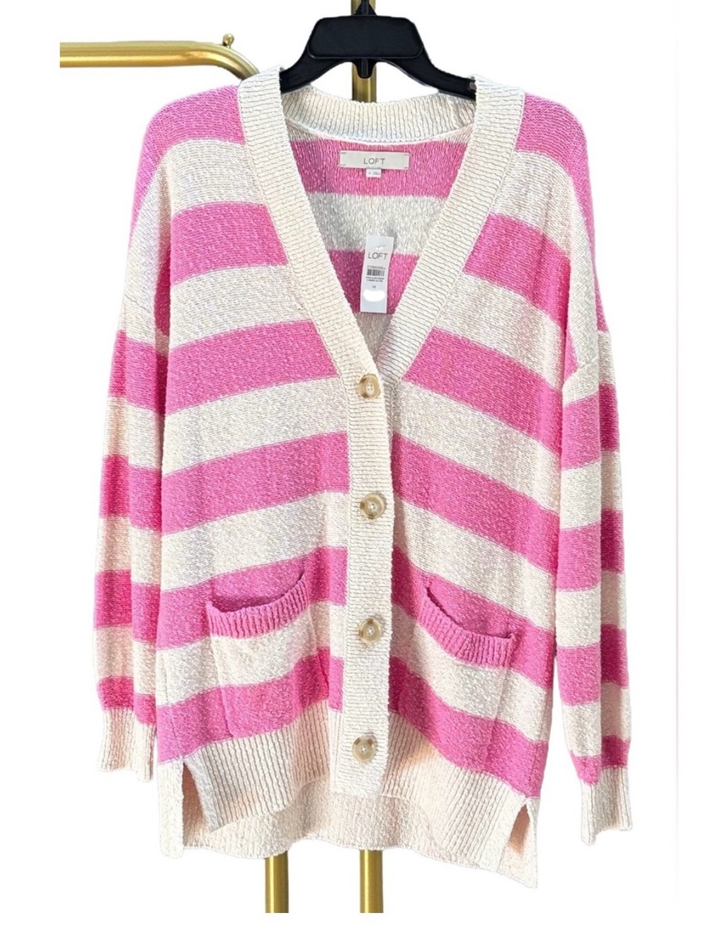 🌸2/$40🌸 LOFT Ann Taylor Pink & Cream Striped Button-Front Cardigan, oversized
